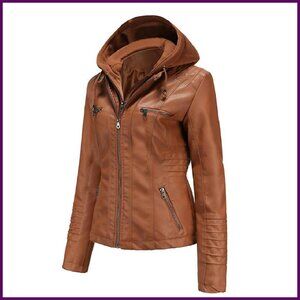 Faux Leather Motorcycle Jacket with Removable Hood, Plus Size